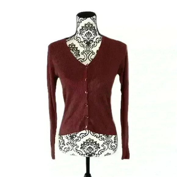 Oliver Perry 100% Silk Rustic Sun Red Ribbed Button Down Cardigan Shirt, PS - Picture 1 of 11